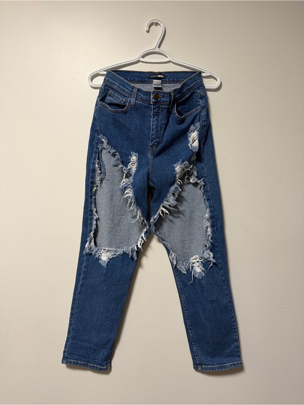 Fashion Nova Distressed Boyfriend Jeans - Dark Blue